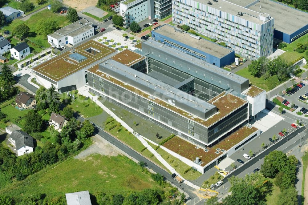 Aerial image Gießen - Campus building of the university of Justus-Liebig-Universitaet Giessen on Heinrich-Buff-Ring in Giessen in the state Hesse, Germany