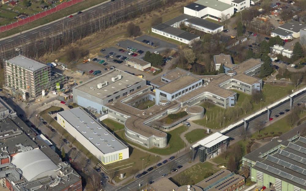 Aerial photograph Dortmund - View at the North Campus of the Technical University Dortmund in the federal state North Rhine-Westphalia. Among others the Institute For Analytical Science, the Departments of thermodynamics and Biotechnology, Electrical Drives, economics and social sciences, the Fraunhofer Institute for Material Flow and Logistics, the Max Planck Institute of Molecular Physiology and the University Library are located here
