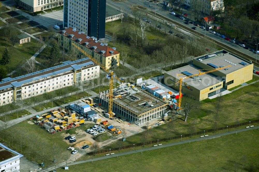Aerial image Erfurt - Campus university area with new construction site forschungsneubau weltbeziehungen universitaet erfurt in the district Andreasvorstadt in Erfurt in the state Thuringia, Germany