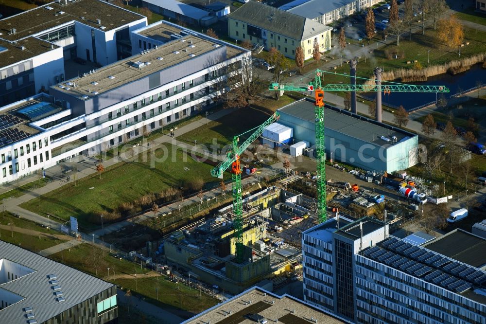 Potsdam from the bird's eye view: Campus- university area with new construction site on the grounds of the University of Potsdam in the district Golm in Potsdam in the federal state of Brandenburg, Germany