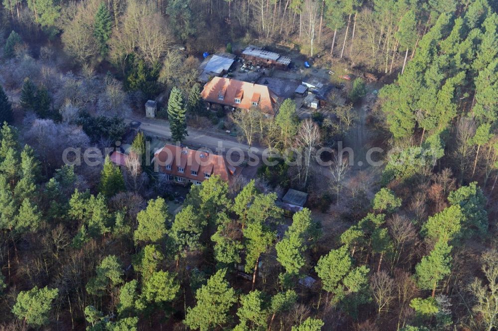Aerial image Templin - Carinhall- building of the former gatehouses and guard houses at the Wucker in Gross Doelln a district of Templin in Brandenburg. The site was in the time of National Socialism part of the representative country estate of Hermann Goering