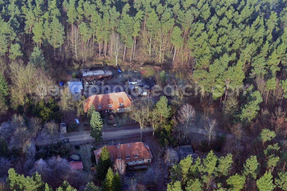 Templin from above - Carinhall- building of the former gatehouses and guard houses at the Wucker in Gross Doelln a district of Templin in Brandenburg. The site was in the time of National Socialism part of the representative country estate of Hermann Goering