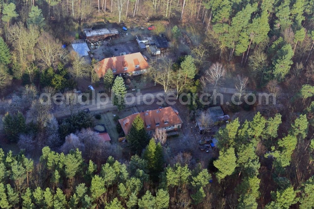 Templin from the bird's eye view: Carinhall- building of the former gatehouses and guard houses at the Wucker in Gross Doelln a district of Templin in Brandenburg. The site was in the time of National Socialism part of the representative country estate of Hermann Goering