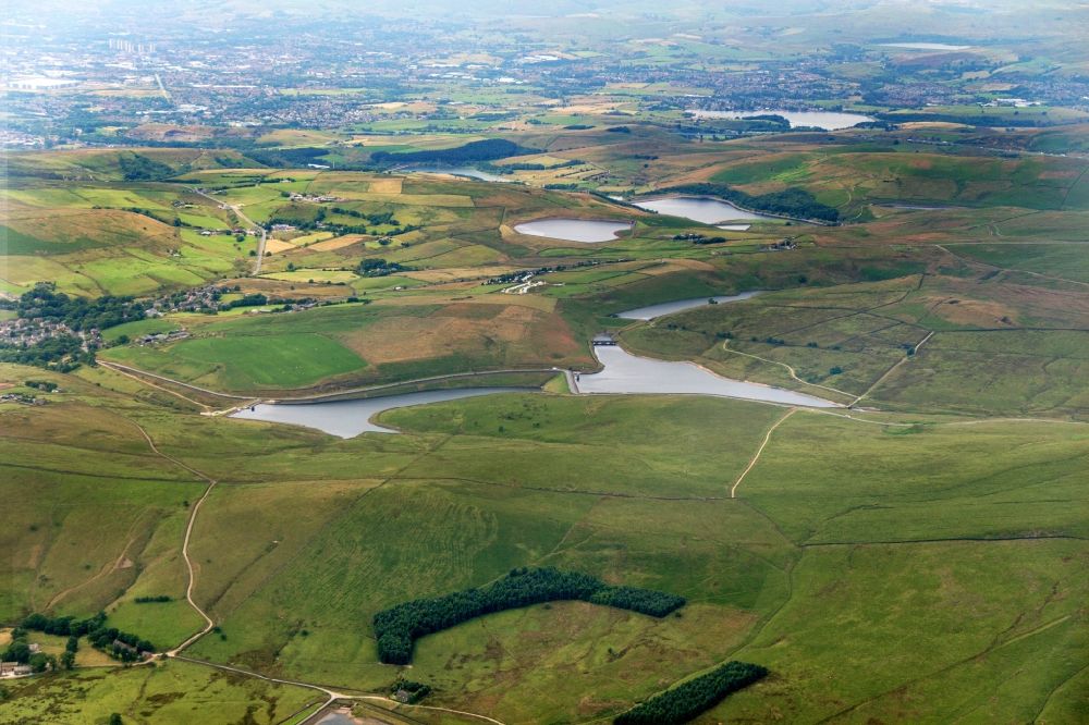 Delph from the bird's eye view: Castleshaw Reservoir near Delph (Saddleworth) in Greater Manchester, England in United Kingdom