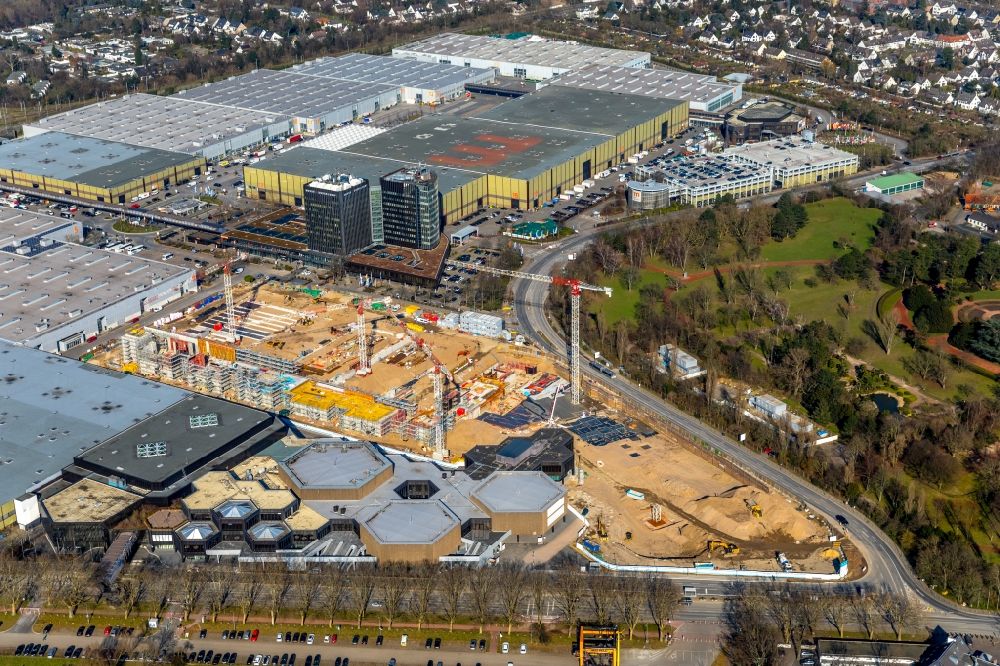 Düsseldorf from above - Reconstruction and extension Construction site at the exhibition grounds and exhibition halls of the Messe Duesseldorf in the district Stockum in Duesseldorf in the state North Rhine-Westphalia, Germany