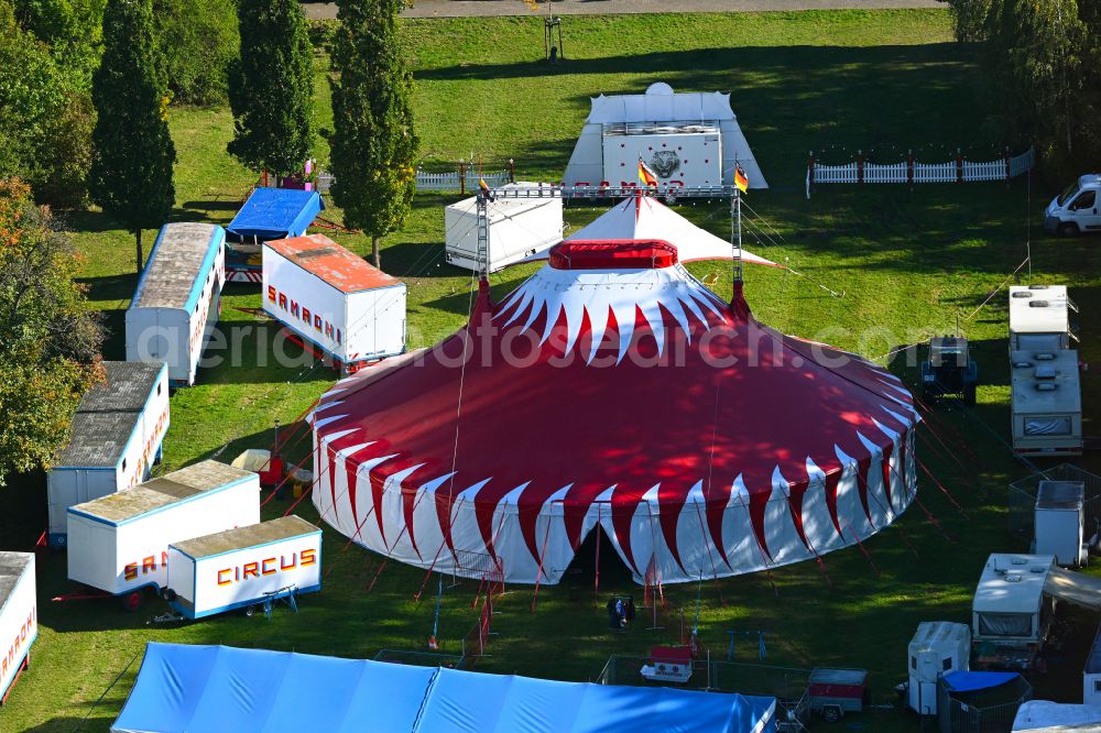 Aerial image Werneuchen - Circus tent domes of the circus Circus Samadhi on street Goldregenstrasse in Werneuchen in the state Brandenburg, Germany