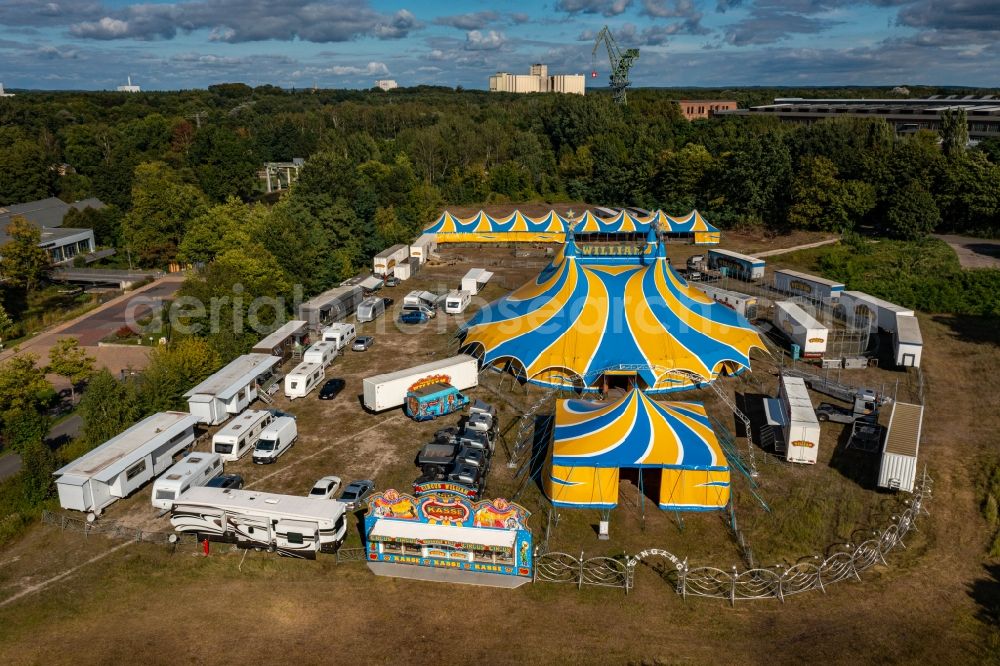 Aerial photograph Eberswalde - Circus tent domes of the circus in Eberswalde in the state Brandenburg, Germany