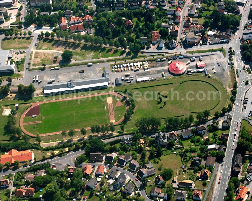 Erbach from above - Circus tent domes of a circus on Eulbacher Strasse in Erbach Odenwaldkreis in the state Hesse, Germany