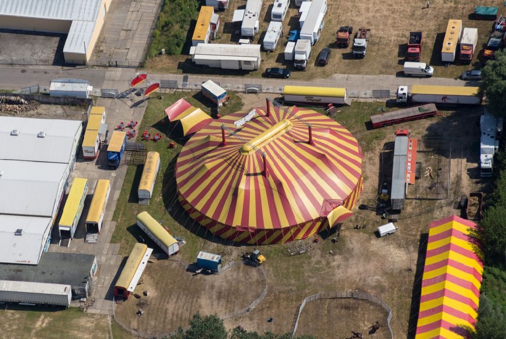 Pasewalk from above - Circus tent domes of the circus Probst in Pasewalk in the state Mecklenburg - Western Pomerania, Germany