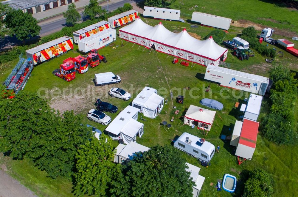 Aerial image Gadebusch - Circus tent domes of the circus Royal in Gadebusch in the state Mecklenburg - Western Pomerania, Germany