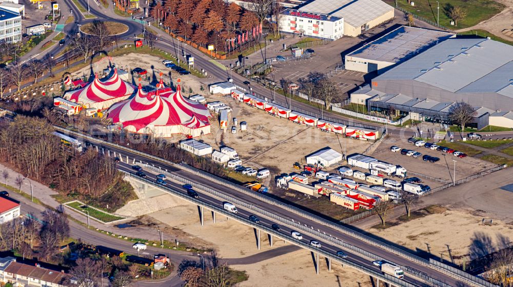 Aerial photograph Offenburg - Circus tent domes of the circus Weihnachtscircus Offenburg on street Schutterwaelder Strasse in Offenburg in the state Baden-Wuerttemberg, Germany