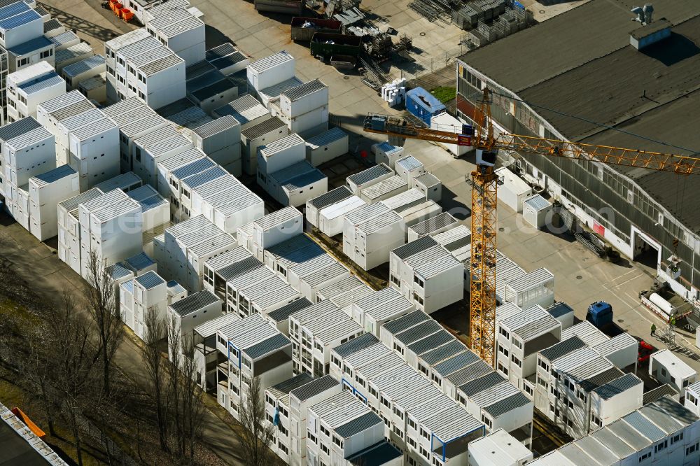 Aerial image Berlin - Container camp surface of the Zeppelin Rental GmbH and Co. KG in the industrial area in the Plauener street in the district of Hohenschoenhausen in Berlin