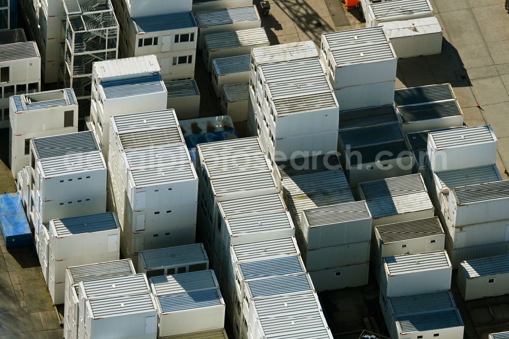 Berlin from above - Container camp surface of the Zeppelin Rental GmbH and Co. KG in the industrial area in the Plauener street in the district of Hohenschoenhausen in Berlin