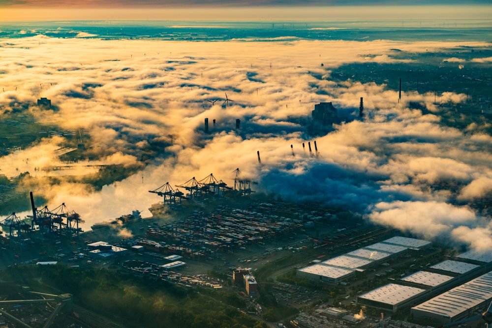 Hamburg from above - Container terminal HHLA Container Terminal Altenwerder (CTA) in the fog at sunrise on the banks of the Elbe in the Altenwerder district in Hamburg