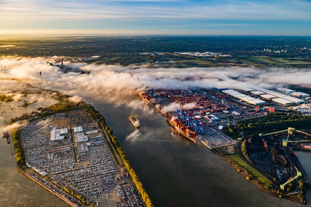 Aerial image Hamburg - Container terminal HHLA Container Terminal Altenwerder (CTA) in the fog at sunrise on the banks of the Elbe in the Altenwerder district in Hamburg
