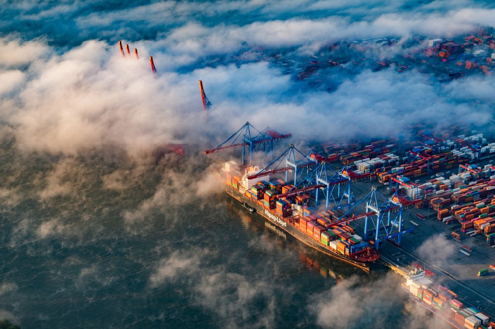 Aerial photograph Hamburg - Container terminal HHLA Container Terminal Altenwerder (CTA) in the fog at sunrise on the banks of the Elbe in the Altenwerder district in Hamburg