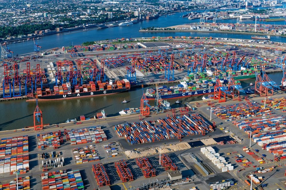 Hamburg from above - Container and container ships at berth HHLA ...