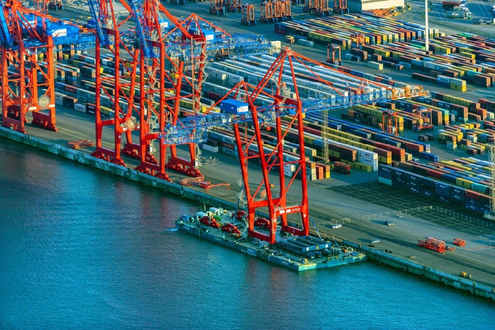 Hamburg from the bird's eye view: Container and container ships at berth HHLA Logistics Container Terminal Burchhardkai and Walter Hofer Euro Gate Container Terminal in the Port of Hamburg harbor in Hamburg