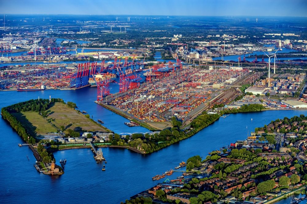 Aerial photograph Hamburg - Container and container ships at berth HHLA Logistics Container Terminal Burchhardkai and Walter Hofer Euro Gate Container Terminal in the Port of Hamburg harbor in Hamburg