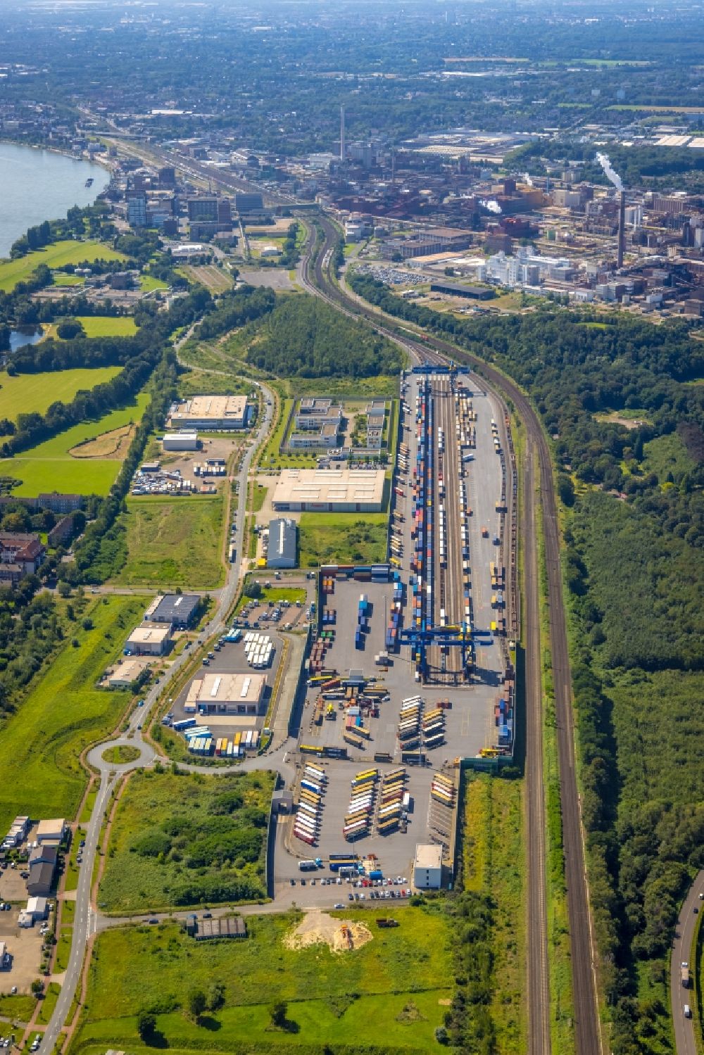 Duisburg from above - Container terminal center in Duisburg at Ruhrgebiet in the state North Rhine-Westphalia, Germany