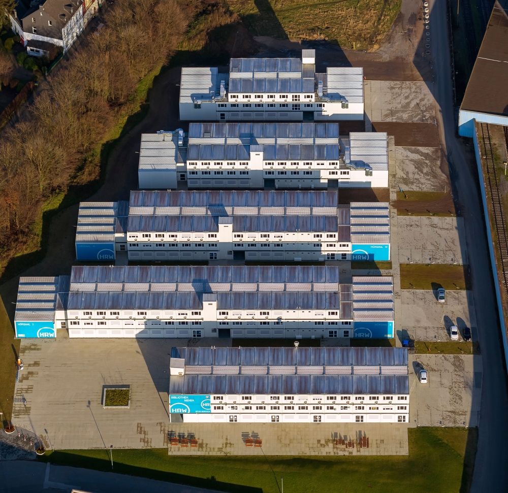 Aerial image Mülheim an der Ruhr - Container of the Ruhr University West, HRW in Mülheim an der Ruhr in North Rhine-Westphalia NRW. The newly established University Ruhr West (HRW) can be operated as a provisional over the Mülheim Imoba Immobilien GmbH as an investor, project manager and owner of the unusual high school rooms