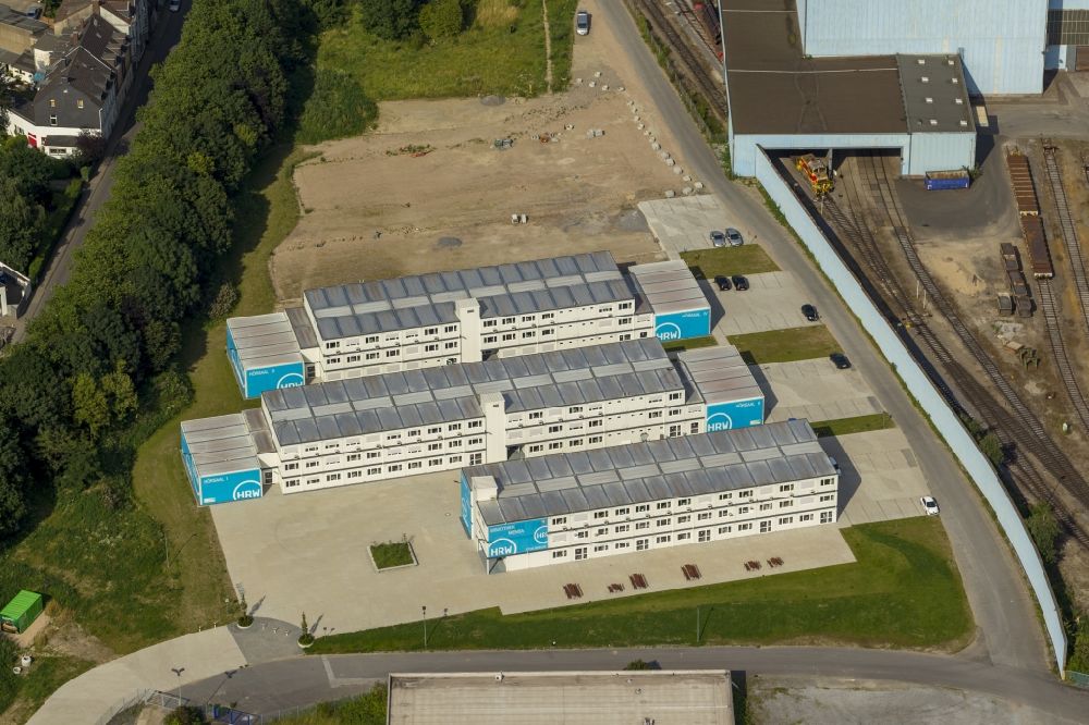 Aerial image Mülheim an der Ruhr - Container of the Ruhr University West, HRW in Mülheim an der Ruhr in North Rhine-Westphalia NRW. The newly established University Ruhr West (HRW) can be operated as a provisional over the Mülheim Imoba Immobilien GmbH as an investor, project manager and owner of the unusual high school rooms