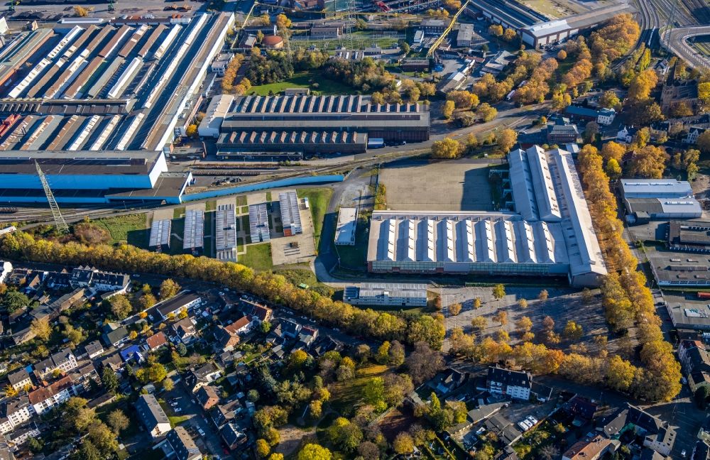 Aerial image Mülheim an der Ruhr - Container buildings of the University of Applied Sciences for police and public administration Nordrhein-Westfalen between Duemptener Strasse and Industriestrasse in Muelheim on the Ruhr in the state North Rhine-Westphalia, Germany