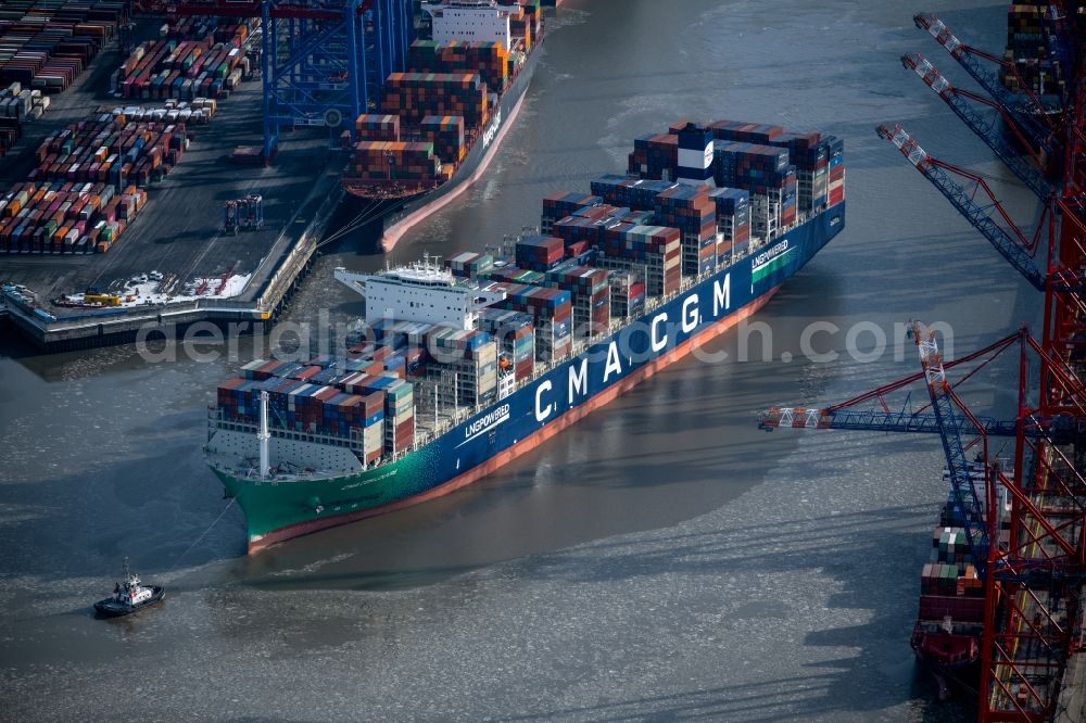 Hamburg from above - Container ship CMA CGM LOUVRE at Burchardkai in the harbor in the district Waltershof in Hamburg, Germany