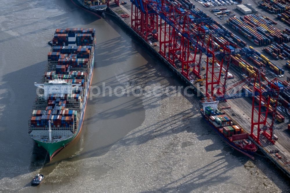 Aerial image Hamburg - Container ship CMA CGM LOUVRE at Burchardkai in the harbor in the district Waltershof in Hamburg, Germany