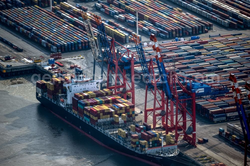 Aerial photograph Hamburg - Container ship CMA CGM LOUVRE at Burchardkai in the harbor in the district Waltershof in Hamburg, Germany