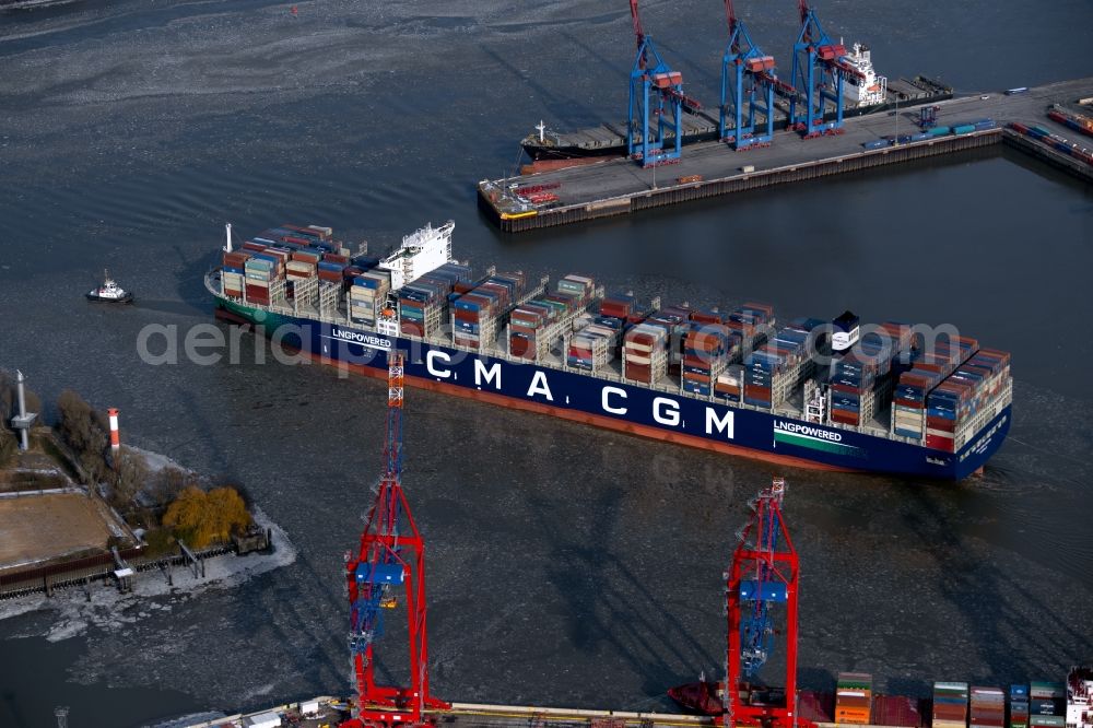 Hamburg from the bird's eye view: Container ship CMA CGM LOUVRE at Burchardkai in the harbor in the district Waltershof in Hamburg, Germany
