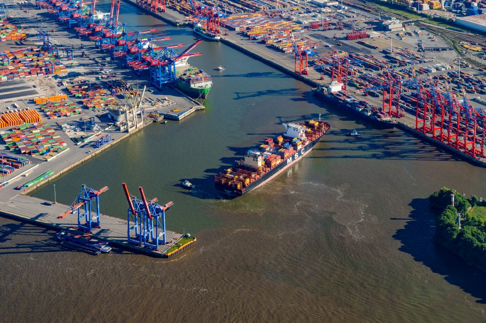 Hamburg from above - Container ship in the port in Hamburg, Germany