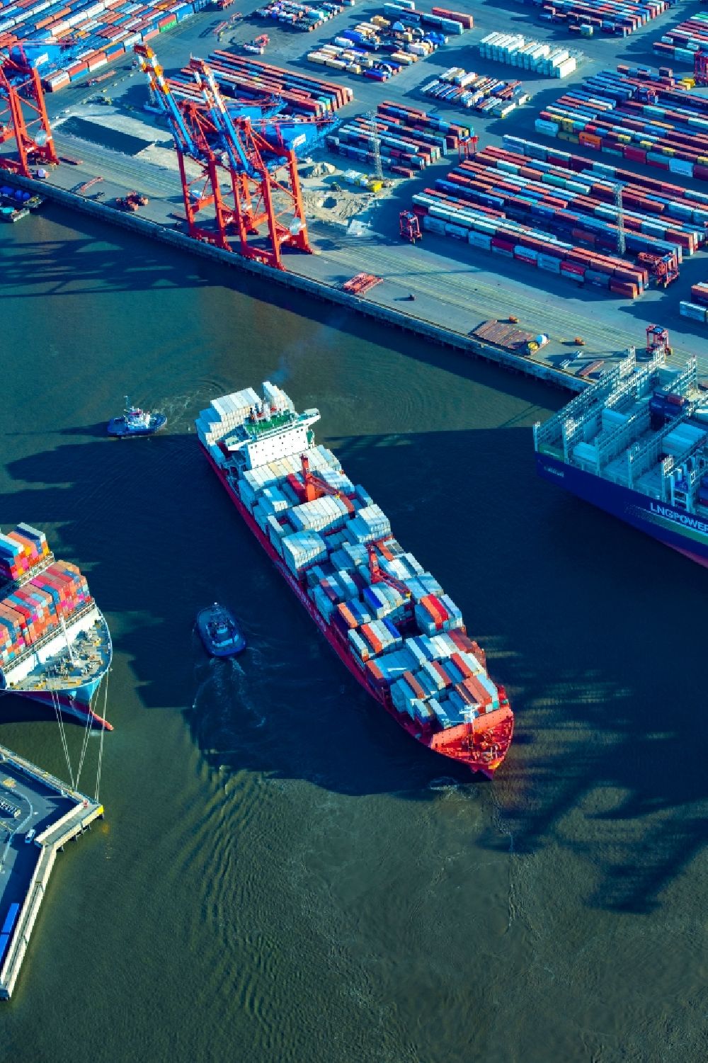 Aerial photograph Hamburg - Container ship Texas Triumph at Burchardkai in the harbor in the district Waltershof in Hamburg, Germany