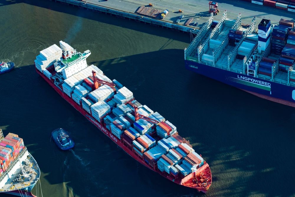 Aerial image Hamburg - Container ship Texas Triumph at Burchardkai in the harbor in the district Waltershof in Hamburg, Germany
