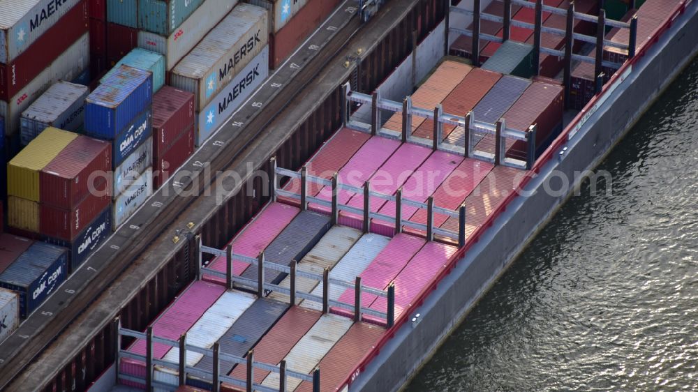 Aerial photograph Bonn - Container ship with cargo in port in Bonn in the state North Rhine-Westphalia, Germany