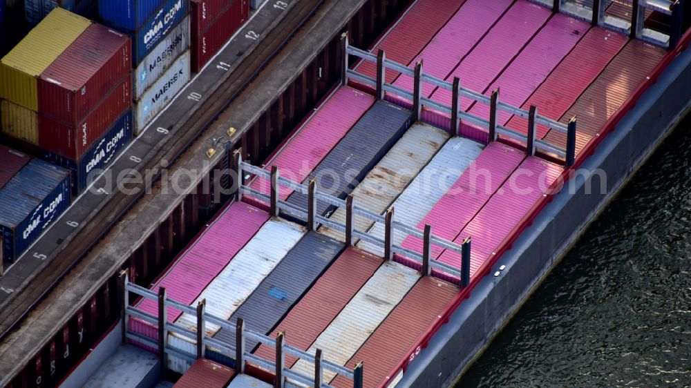 Bonn from above - Container ship with cargo in port in Bonn in the state North Rhine-Westphalia, Germany