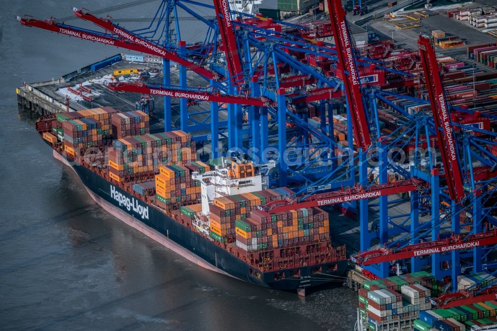 Hamburg from above - Container ship Mol-Treasure on Burchardkai in the port in the district Waltershof in Hamburg, Germany