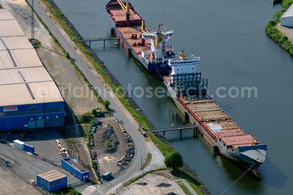 Bremen from above - Container ship Motiv Ation D and Rainer D in the port on the river Weser in the district Industriehaefen in Bremen, Germany