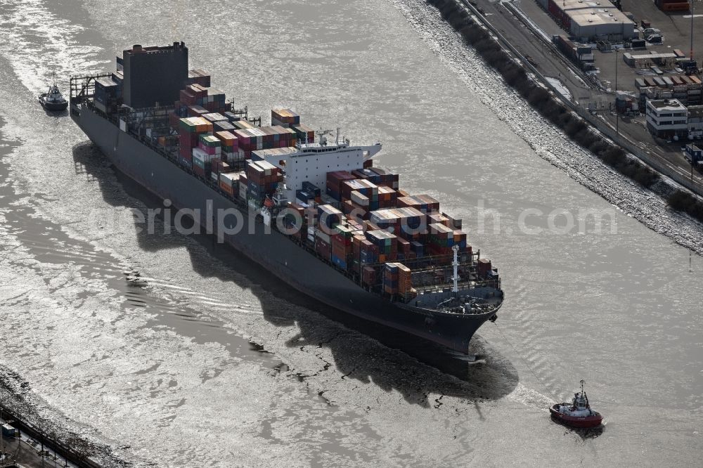 Aerial image Hamburg - Container ship PARIS EXPRESS in the port in the district Steinwerder in Hamburg, Germany