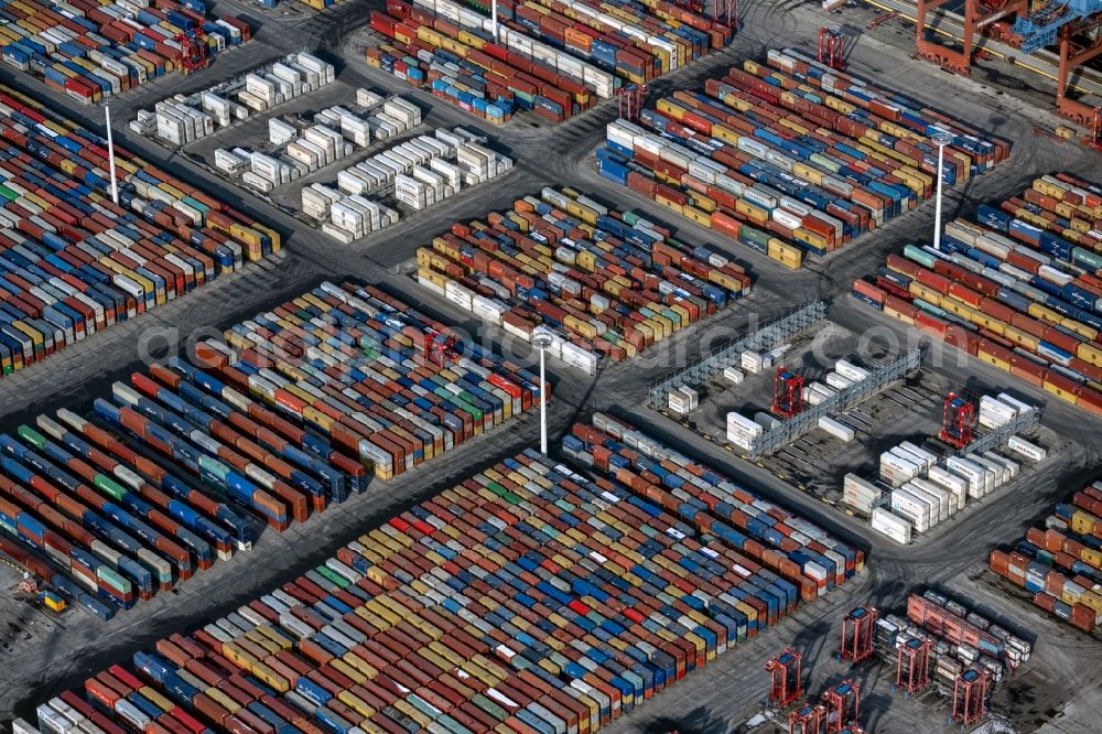 Aerial image Hamburg - Container Terminal in the port of the international port Burchardkai von Eurogate in the district Waltershof in Hamburg, Germany