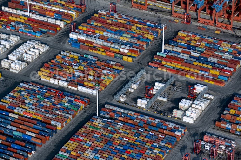 Aerial photograph Hamburg - Container Terminal in the port of the international port Burchardkai von Eurogate in the district Waltershof in Hamburg, Germany