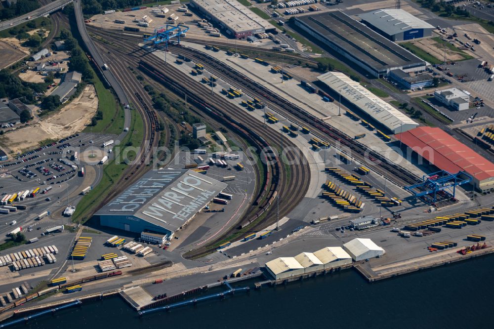 Aerial photograph Rostock - Container Terminal in the port of the international port ECL European Cargo Logistics GmbH Rostock on street Am Skandinavienkai in Rostock at the baltic coast in the state Mecklenburg - Western Pomerania, Germany