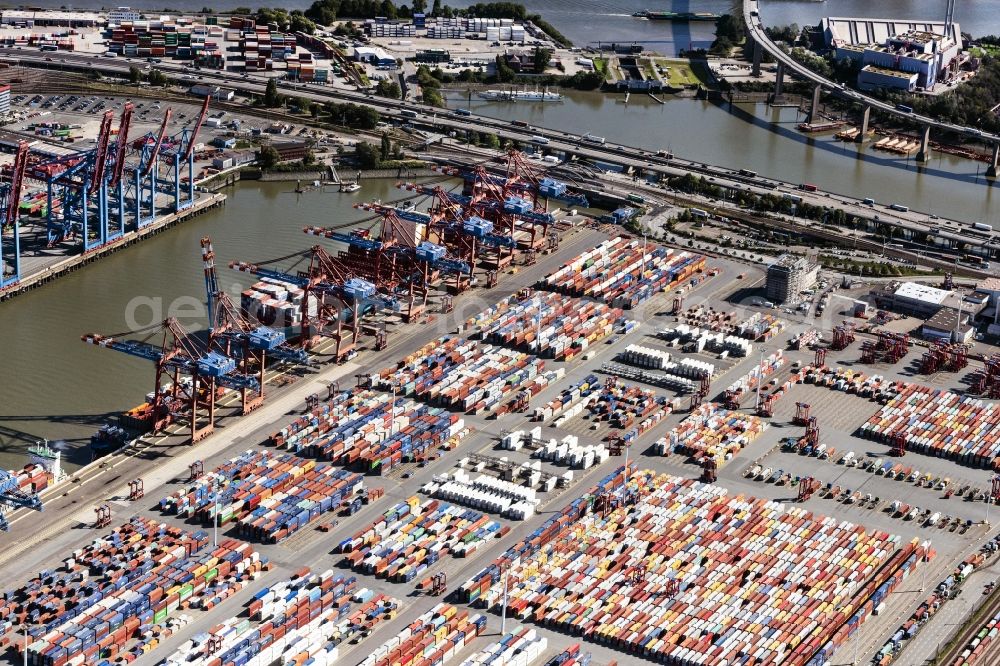 Hamburg from the bird's eye view: Container Terminal in the port of the international port of the EUROGATE Container Terminal Hamburg GmbH in Hamburg