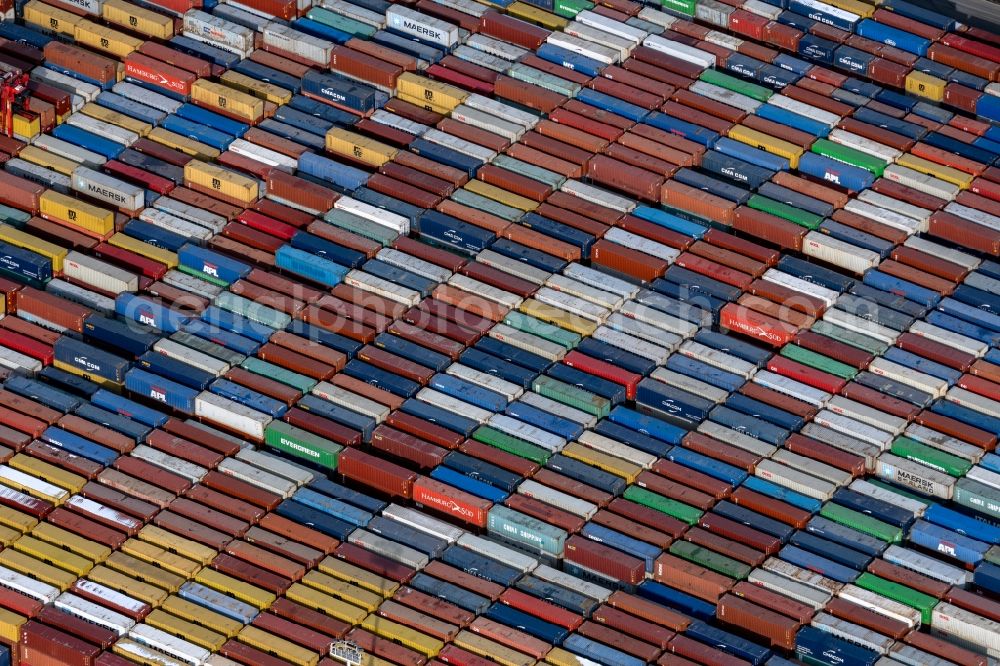 Hamburg from the bird's eye view: Container Terminal in the port of the international port of the EUROGATE Container Terminal Hamburg GmbH im Morgennebel in Hamburg