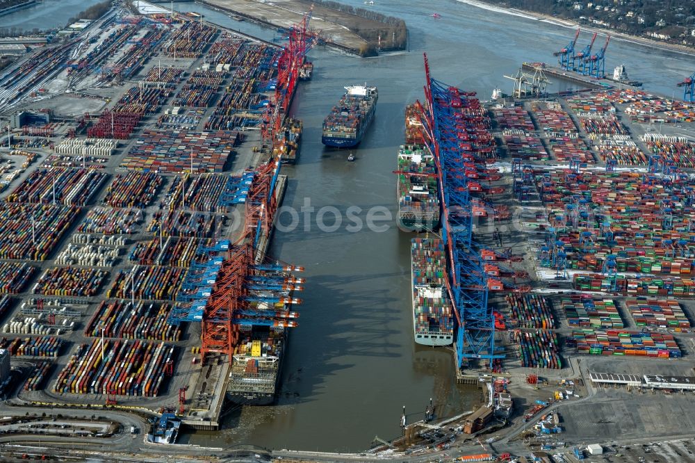 Aerial image Hamburg - Container Terminal in the port of the international port Hamburg overlooking the inner city in Hamburg, Germany