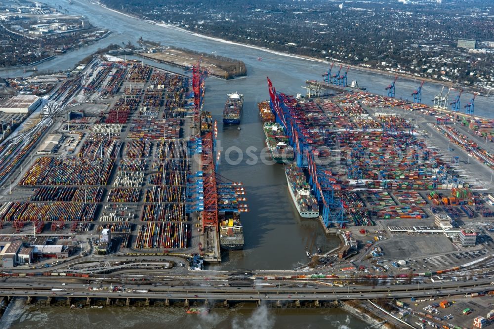 Aerial photograph Hamburg - Container Terminal in the port of the international port Hamburg overlooking the inner city in Hamburg, Germany