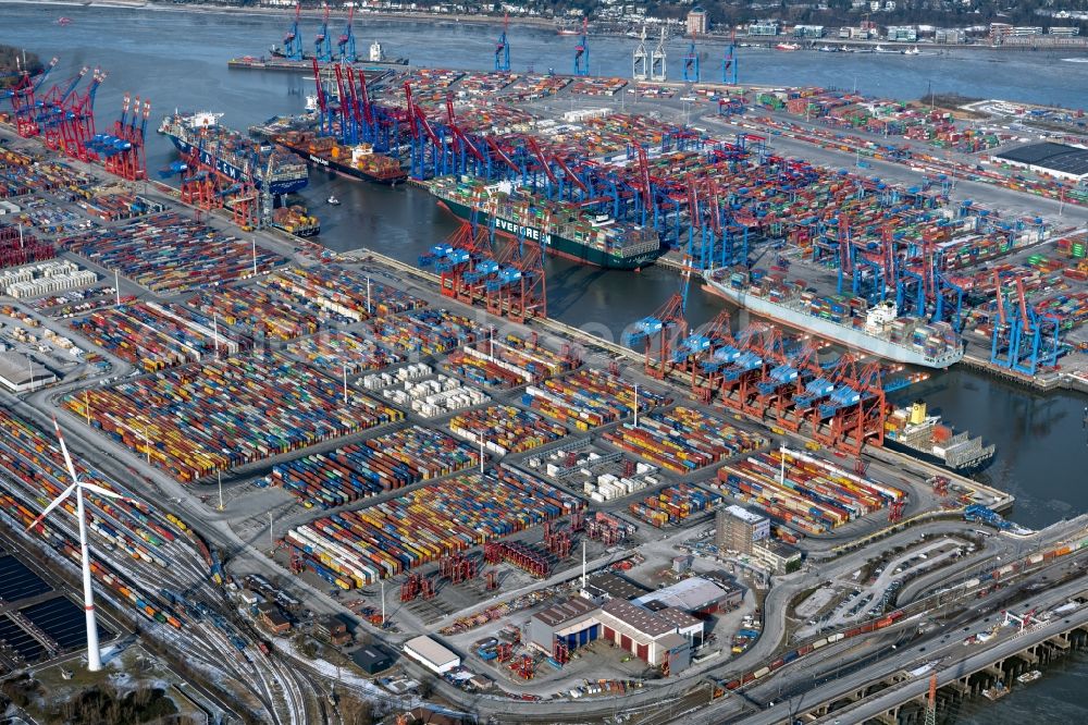 Aerial image Hamburg - Container Terminal in the port of the international port Hamburg overlooking the inner city in Hamburg, Germany