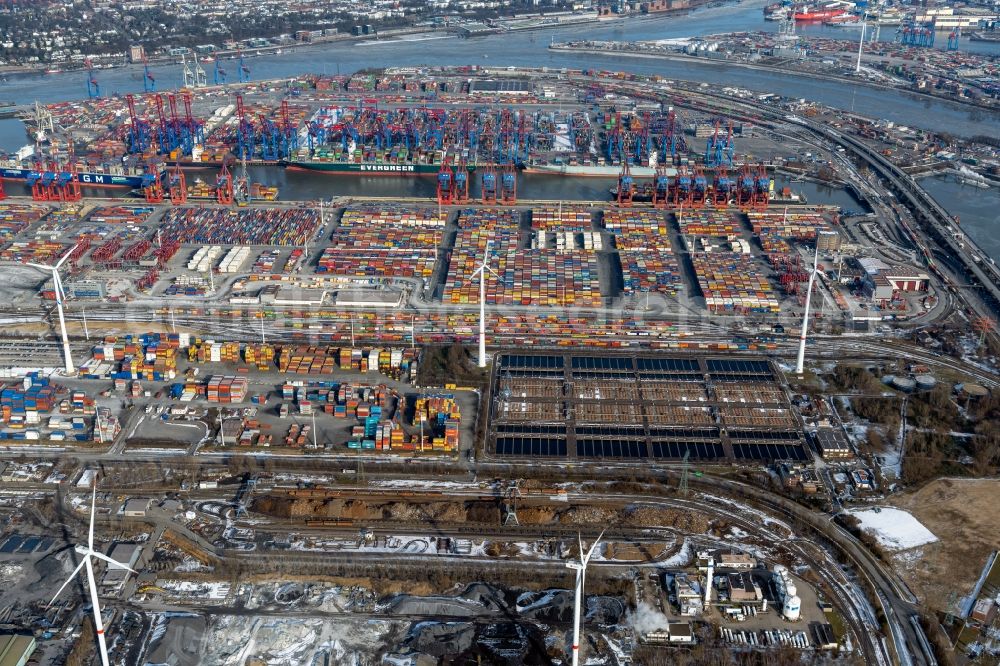 Aerial photograph Hamburg - Container Terminal in the port of the international port Hamburg overlooking the inner city in Hamburg, Germany
