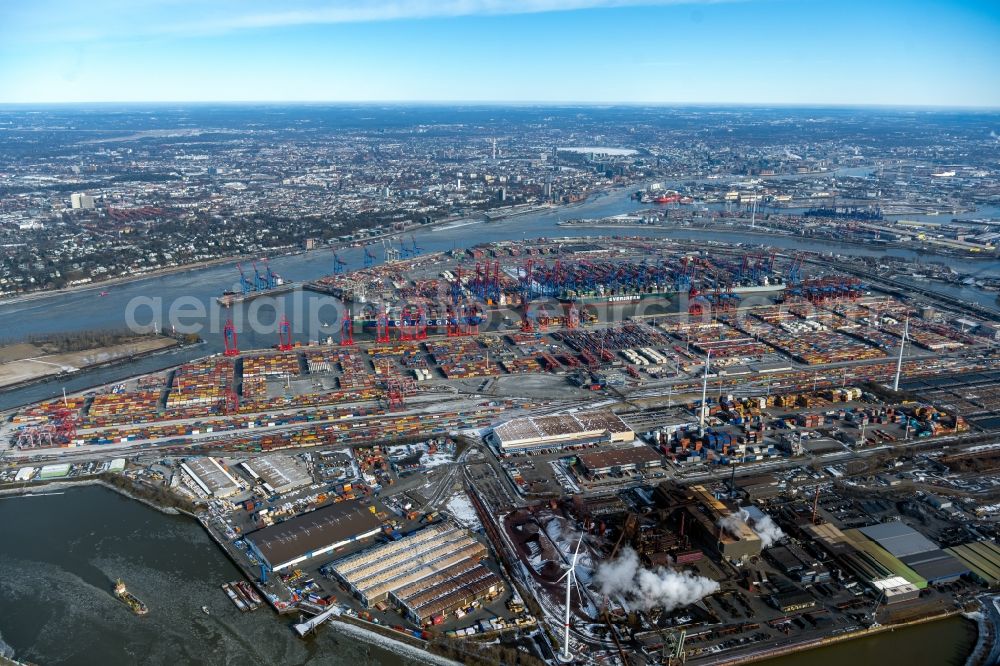 Hamburg from the bird's eye view: Container Terminal in the port of the international port Hamburg overlooking the inner city in Hamburg, Germany