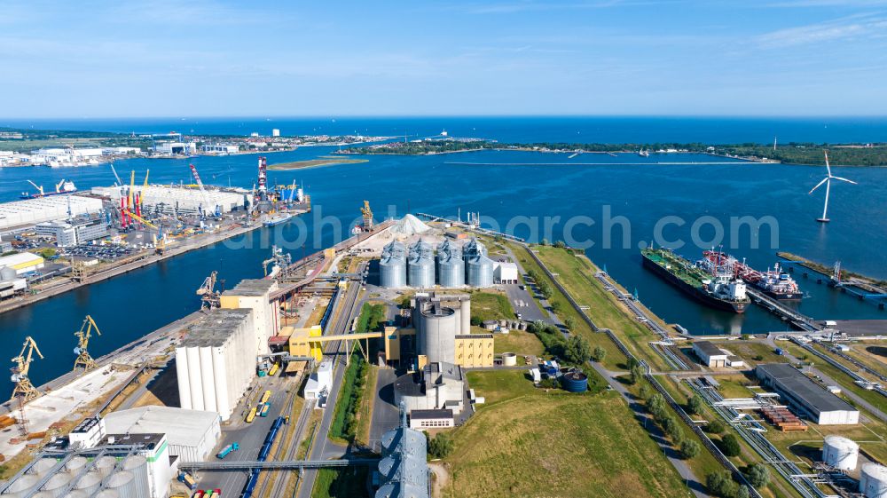 Aerial photograph Rostock - Container Terminal in the port of the international port of Hanse- and Universitaetsstadt in Rostock at the baltic sea coast in the state Mecklenburg - Western Pomerania, Germany